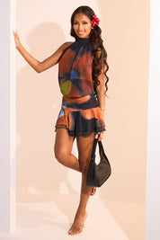 Robe courte à dos nu multicolore effet volants