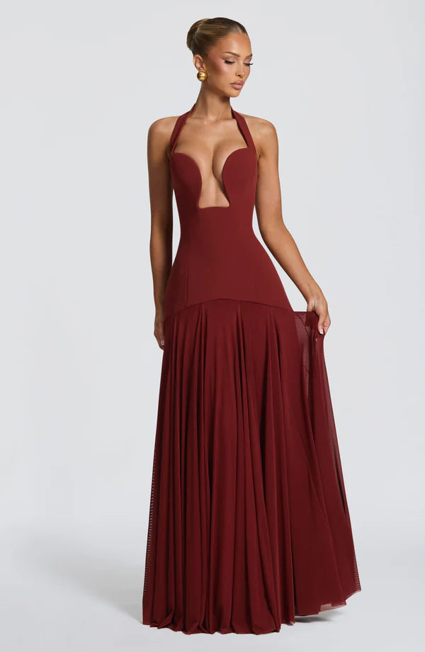 Robe longue Cyrene - Rose poudré & Rouge foncé